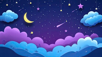 A whimsical nightscape with crescent moon stars and clouds