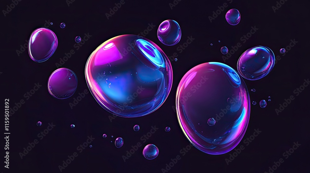 Poster iridescent bubbles float in dark space