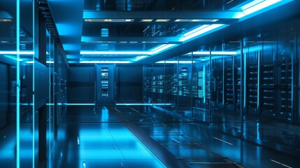 Modern data center with sleek glass walls, reflective floors, glowing neon blue lighting, and advanced server racks in a high-tech, secure environment