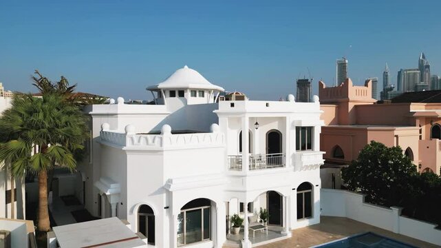 Drone flies around a private Arab villa with a swimming pool against the background of a blue cloudless sky