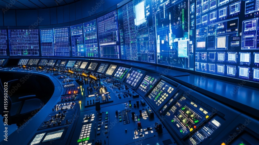 Poster high-tech control room with advanced monitors and control panels showcasing cutting-edge technology 