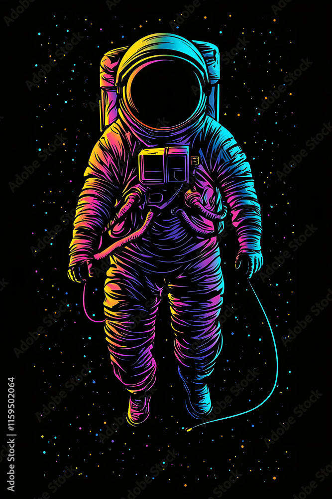 Poster a vibrant astronaut in a colorful space setting, showcasing a blend of art and science.