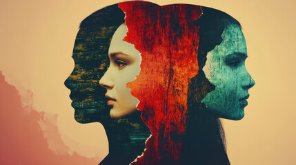 Dissociative identity disorder (DID), Dissociative Identity Disorder grunge illustration featuring abstract design elements, suitable for mental health and artistic projects.