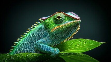 Fototapeta premium Vibrant green and blue chameleon on lush leaf.