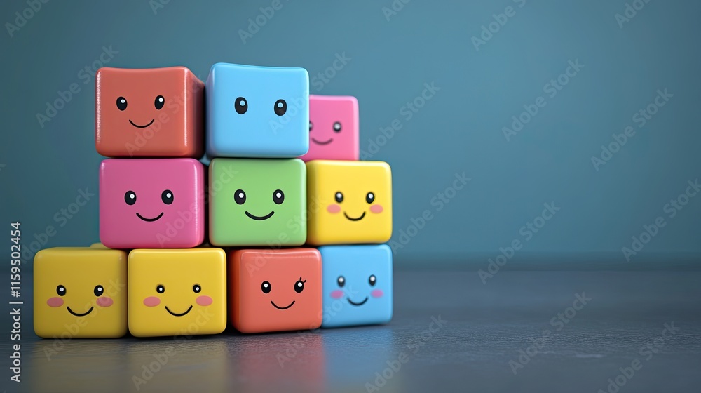 Poster colorful happy cubes stacked together in a neat row