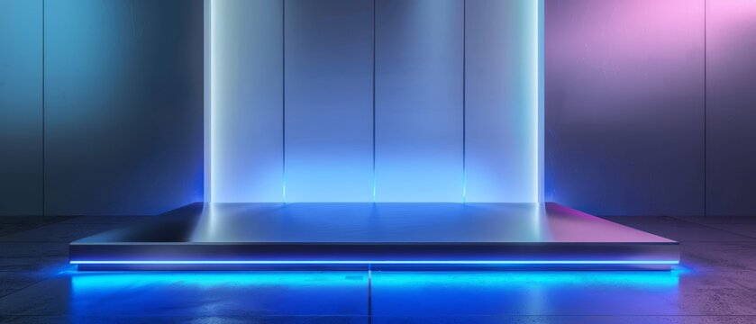 Minimalist rectangular podium with soft neon blue and pink gradient lighting, set against a modern backdrop. Ideal for futuristic product displays and tech showcases