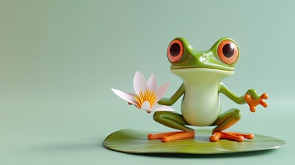 Naklejka premium Cartoon Frog Holding a White Lily on a Pad