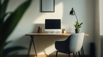 Elegant minimalist home office nook with minimal decor. Featuring a clean, open design with sleek lines