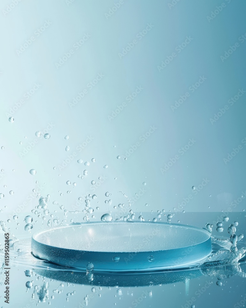 Wall mural Minimalist transparent circular pedestal with water droplets and ripples on a reflective surface in aqua tones, perfect for modern product displays