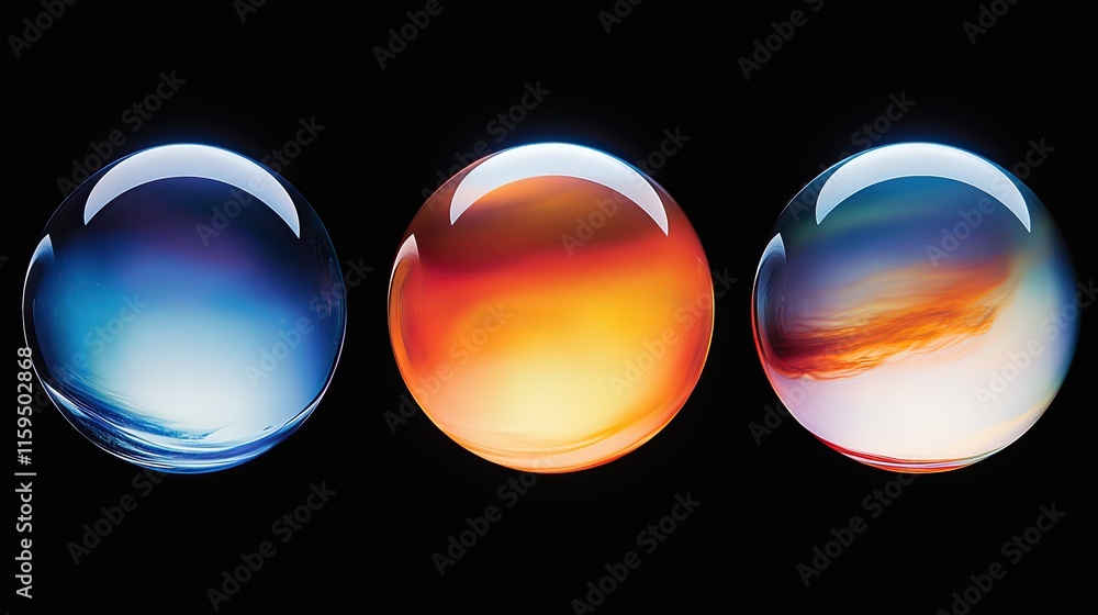Poster three abstract spheres displaying colorful swirls