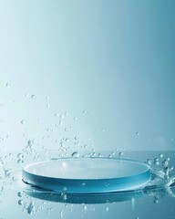 Minimalist transparent circular pedestal with water droplets and ripples on a reflective surface in aqua tones, perfect for modern product displays