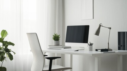 Elegant minimalist home office with minimal decor. Featuring clean lines and a functional design