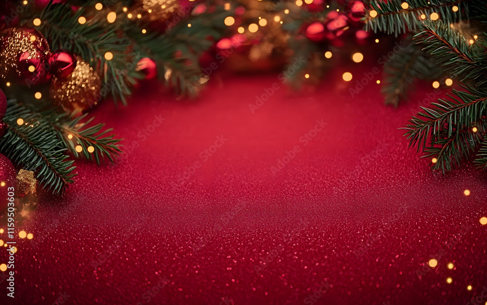 Poster christmas background with xmas tree and sparkle bokeh lights on red canvas background. merry christm