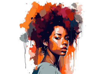 Mixed race empowered woman portrait. Watercolor digital illustration over white background