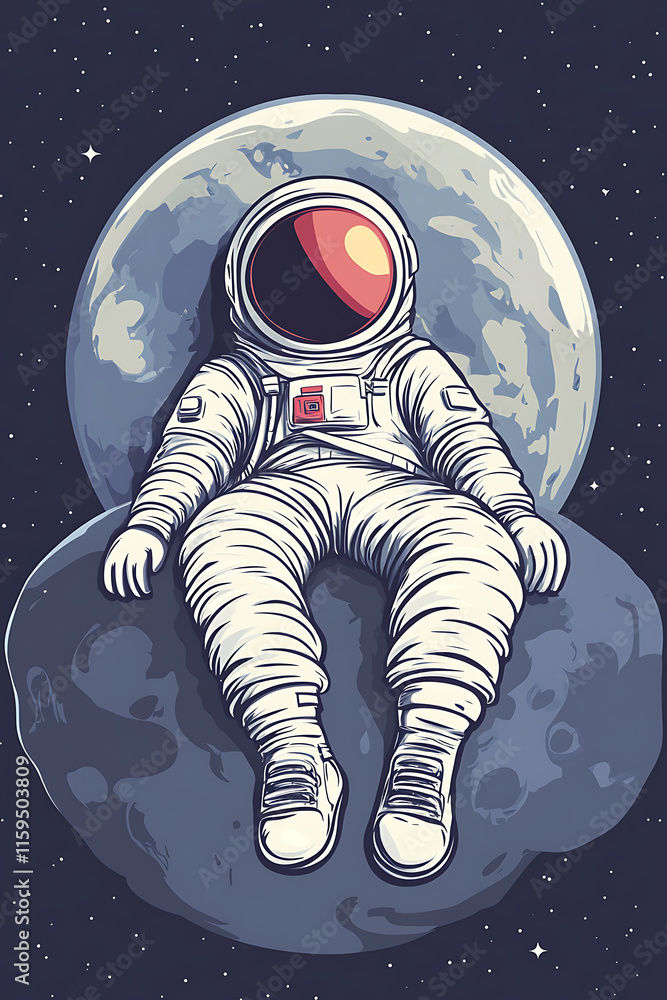Poster an astronaut relaxes on a moon-like surface with a large moon in the background.