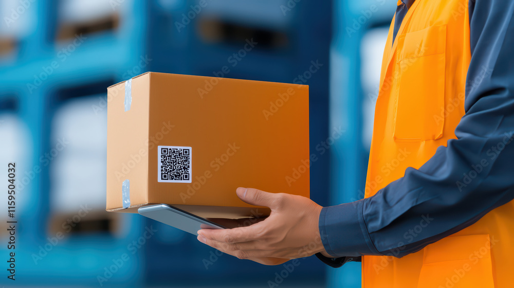 Poster dock worker scans qr code on package in warehouse setting
