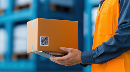 dock worker scans QR code on package in warehouse setting