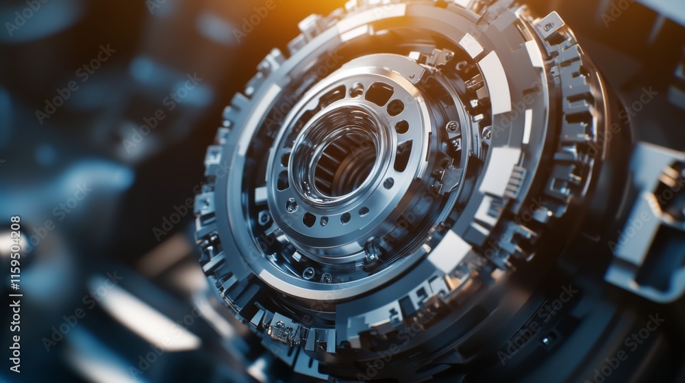 Poster intricate close-up of a metallic gear mechanism showcasing precision engineering in a futuristic ind