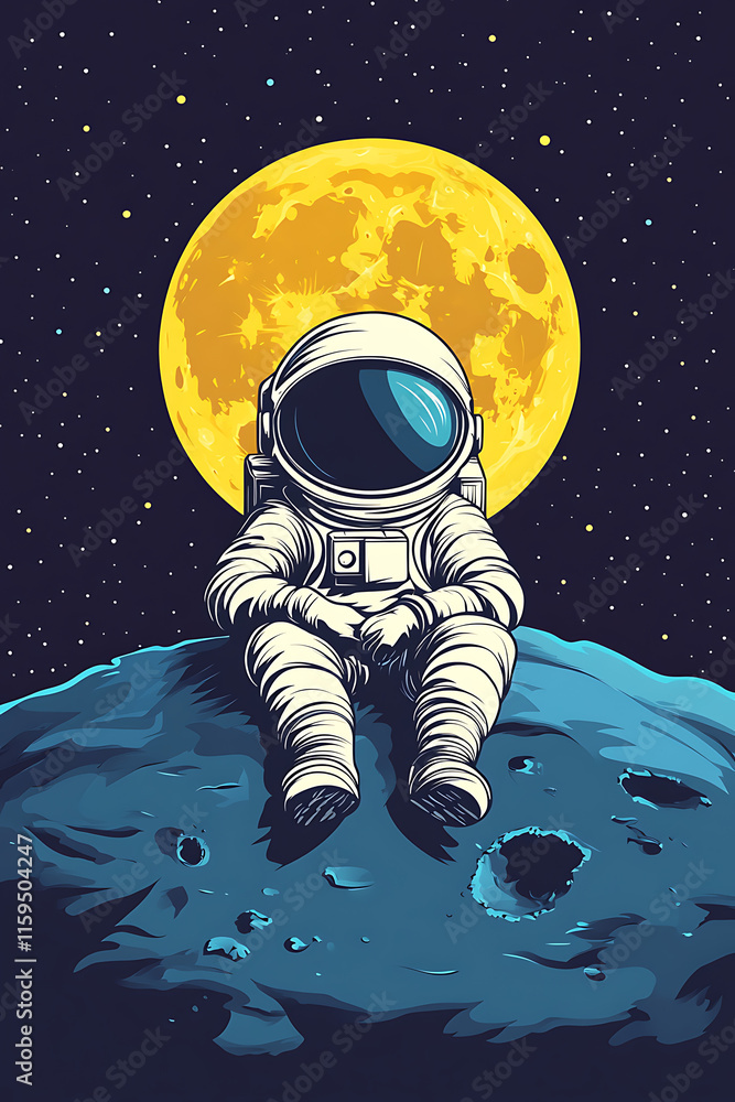 Poster an astronaut sits on a moon-like surface with a large moon in the background, evoking exploration.