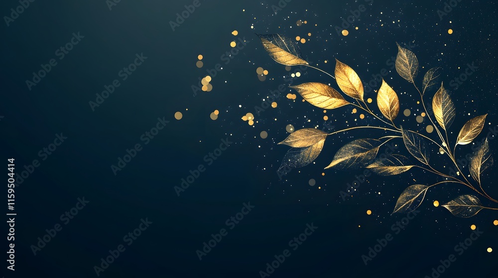 Poster golden leaves branch on dark background with bokeh