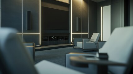 Elegant minimalist home theater with minimal decor. Featuring a clean, open design with contemporary lines