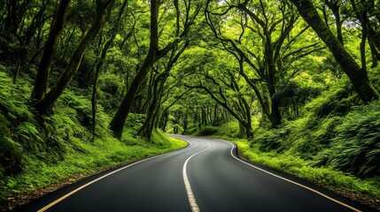 Obraz premium A scenic road winds narrowly through a green, dense forest landscape, encapsulating the beauty of nature with overhanging tree branches on a sunny day.