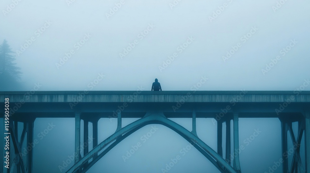 Poster lonely figure sits on a foggy bridge overlooking a quiet void, contemplating solitude and existence 