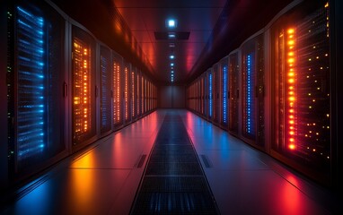 Fototapeta premium Illuminated server room corridor with glowing racks.