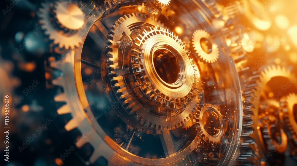 Poster intricate mechanism of gears and cogs glowing with warm orange light in a close-up shot, showcasing 
