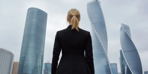 Fototapeta na wymiar A woman in a black coat stands in front of a tall building. The city skyline is in the background