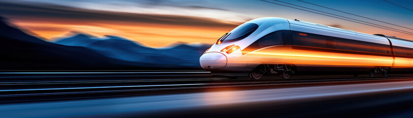 Fototapeta premium High speed train in motion against stunning sunset backdrop, showcasing technology and speed
