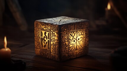 An intricately carved cube candle holder radiates a warm and cozy glow in a dimly lit room, evoking a sense of mystery and ancient artistry.