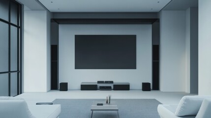 Elegant minimalist home theater with minimal decor. Featuring clean lines and a sophisticated setup