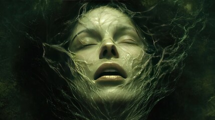 Submerged face, woman's face covered in murky water, vines, and seaweed.