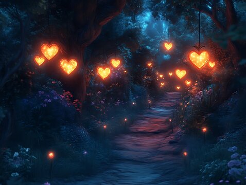 Enchanting heart-lit forest path at night.