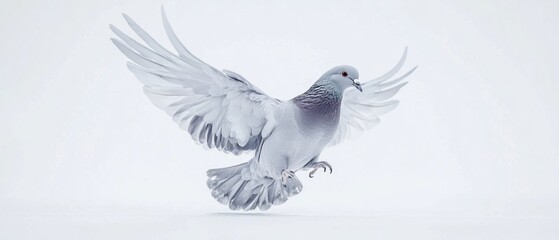 White dove in flight against a white background.