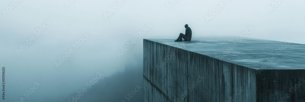 Poster lonely figure contemplates life on the edge of a foggy bridge in an isolated landscape. generative a