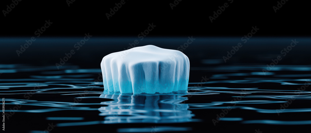 Poster close up of melting iceberg floating in calm ocean waters, showcasing its unique shape and colors