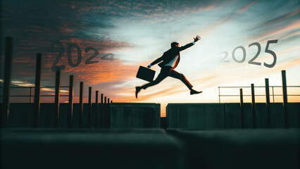 Businessman jumping from 2024 to 2025. New year 2025 concept. 