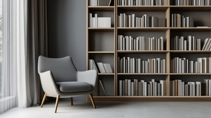 Elegant minimalist library nook with minimal decor. Featuring a clean, open design with contemporary lines