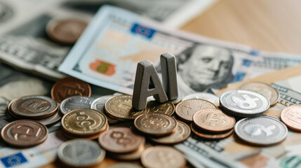 AI text with mixed coins and dollar banknotes on a wooden surface