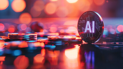 AI coin with futuristic glowing bokeh lights in the background
