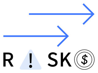 Two blue arrows pointing right over letters R, , S, K, and a dollar symbol indicating risk assessment. Ideal for business strategy, risk management, finance, planning analysis forecasting economic