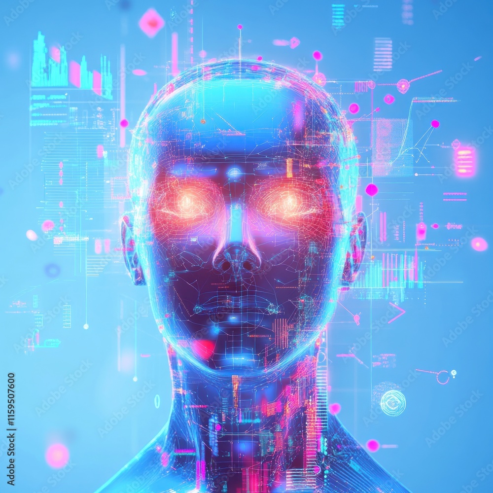 Poster futuristic ai head with digital data streams.