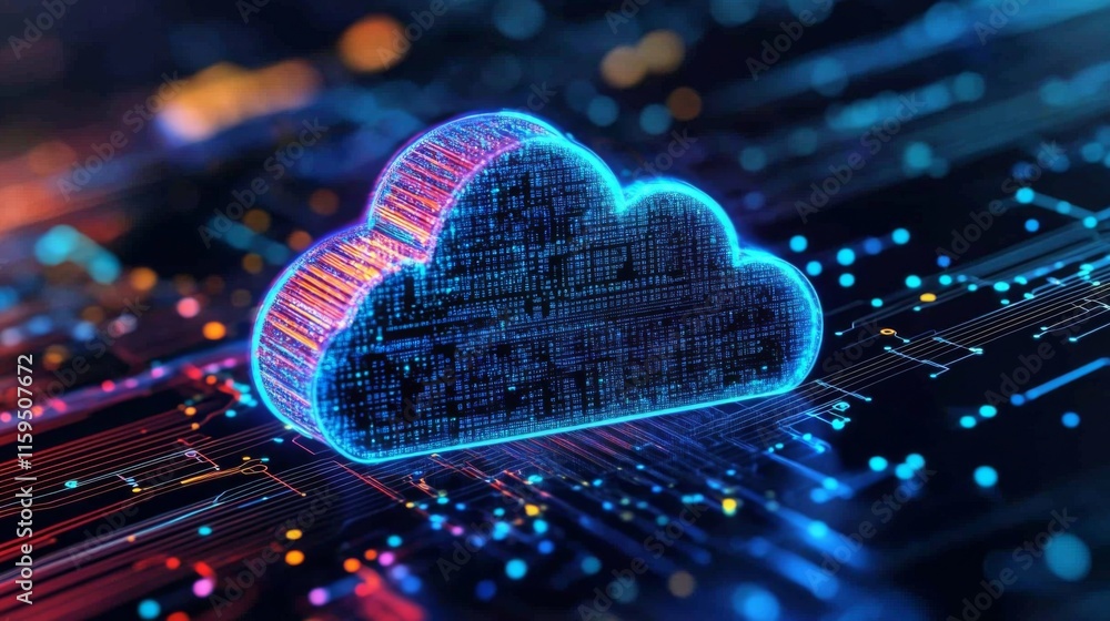 Poster a futuristic concept of data cloud storage with neon lights and digital effects representing connect
