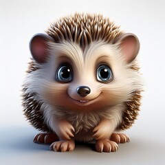 Fototapeta premium 3D-style baby hedgehog clipart with oversized eyes, tiny paws, and a fluffy spiky coat, isolated on a white background
