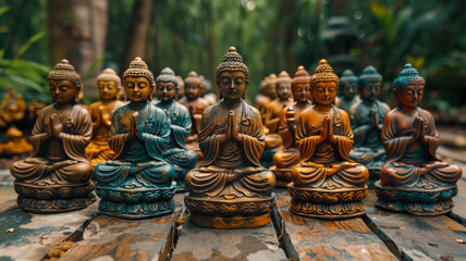 Fototapeta premium Colorful Buddha Statues Aligned in Tranquil Garden 