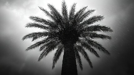   Black & white image of a palm tree in the rain with sunlight filtering through the clouds