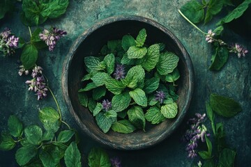 Fresh Mint Leaves in a Rustic Wooden Bowl