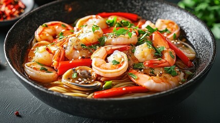 Spicy shrimp and seafood noodle soup.